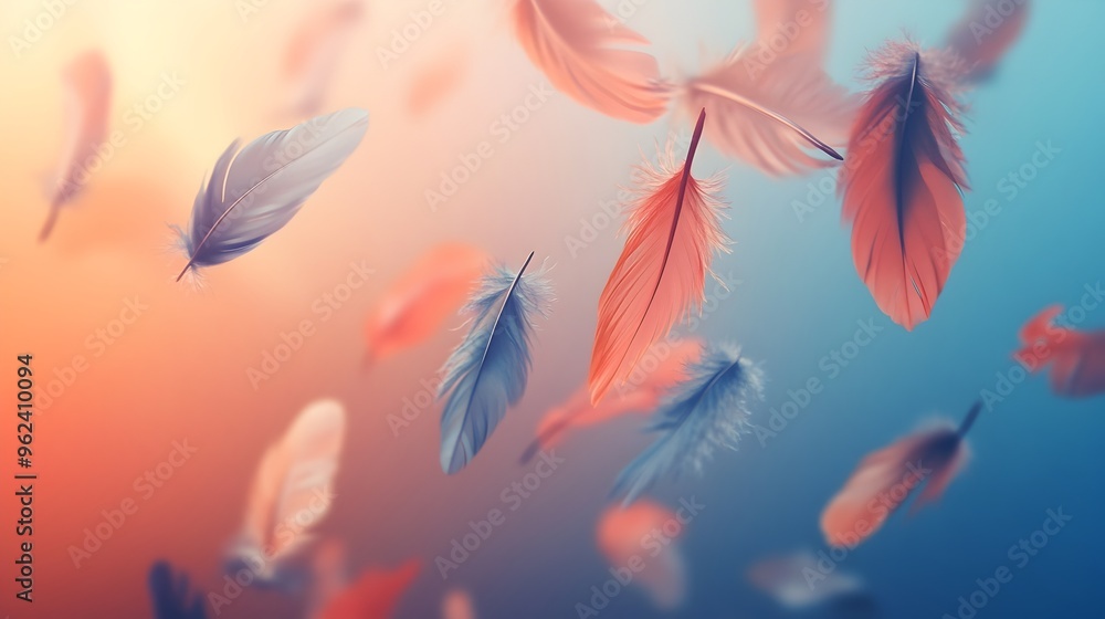 Poster a conceptual representation of feathers of various sizes and colors gently floating and drifting thr