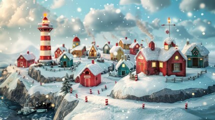 A charming winter village with snow-covered houses and a lighthouse by the sea, captured in a miniature festive scene.