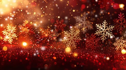 Obraz premium Glittering golden and red snowflakes set against a shimmering background, creating a vibrant and festive holiday scene.