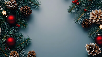 Fototapeta premium Christmas background, flat lay, pine cone, twigs, berries, card background, seasons greetings, blank space