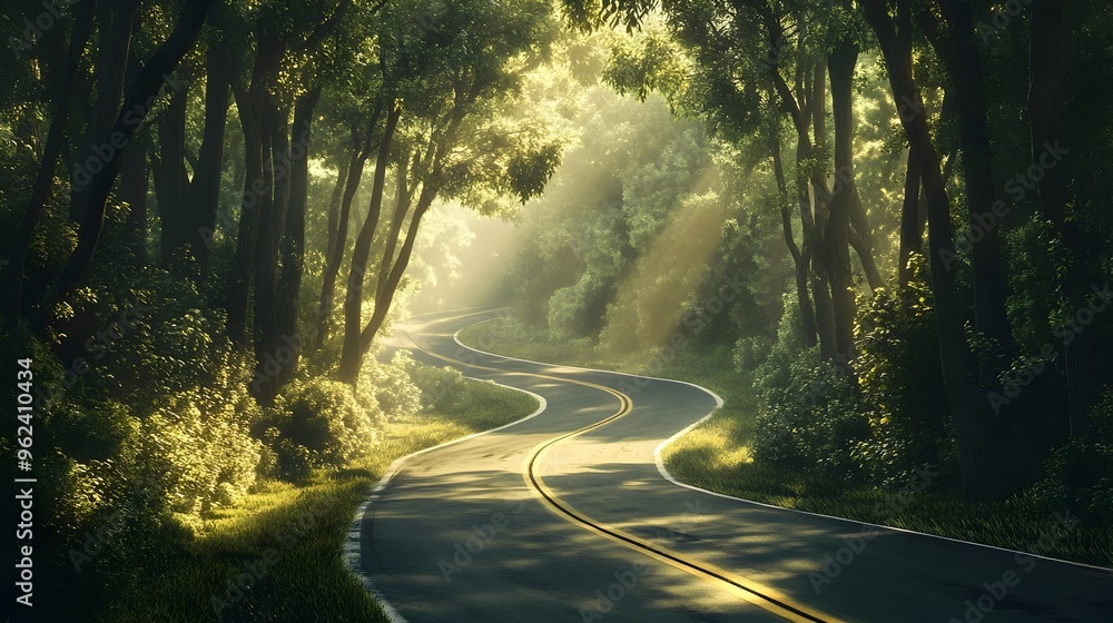 Poster captivating conceptual image of a winding forest road leading through a dense verdant landscape with