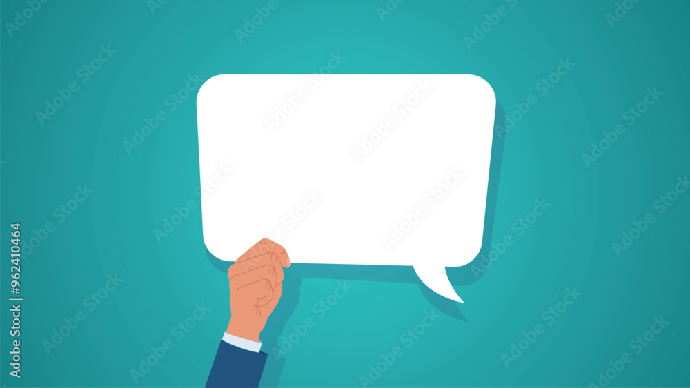 Poster flat design vector of businessman's hand holding a speech bubble with space to insert text.