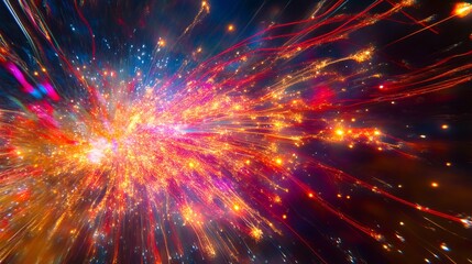 Fototapeta premium Abstract digital art with red and yellow lines and sparkles exploding outwards from a bright center.