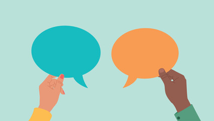 Hands of coworkers holding conversation bubbles. Flat design vector. Employees are men and women of different ethnic backgrounds.