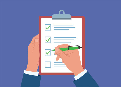  Flat design vector. One hand holding a checklist and the other holding a pen and filling it out. Businessman filling out a survey. All answers marked correctly.