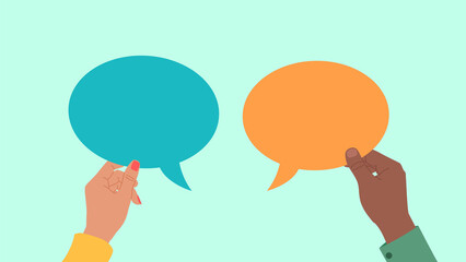 Flat design illustration. Hands of coworkers holding conversation bubbles.  Employees are men and women of different ethnic backgrounds.