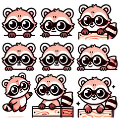 Cute playful raccoon cartoon illustrations with various expressions on transparent background, logo characters for prints
