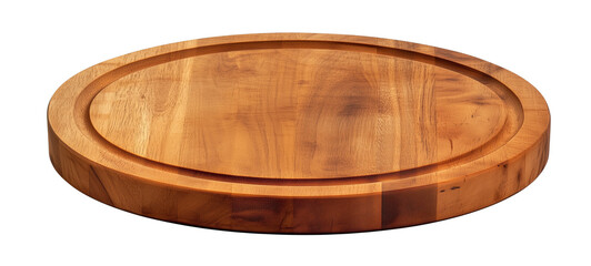 A round wooden cutting board with a shallow groove around its outer edge against an isolated, transparent background