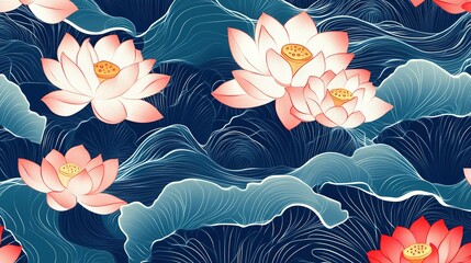 Pink Lotus Flowers with Blue and White Waves