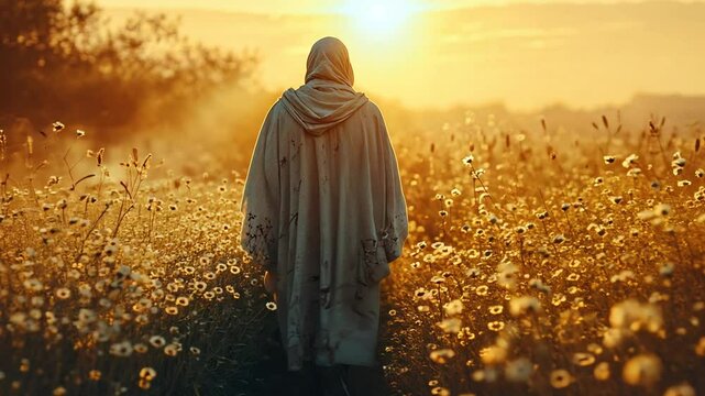A man in robe is walking through a field of flowers towards the sunset.