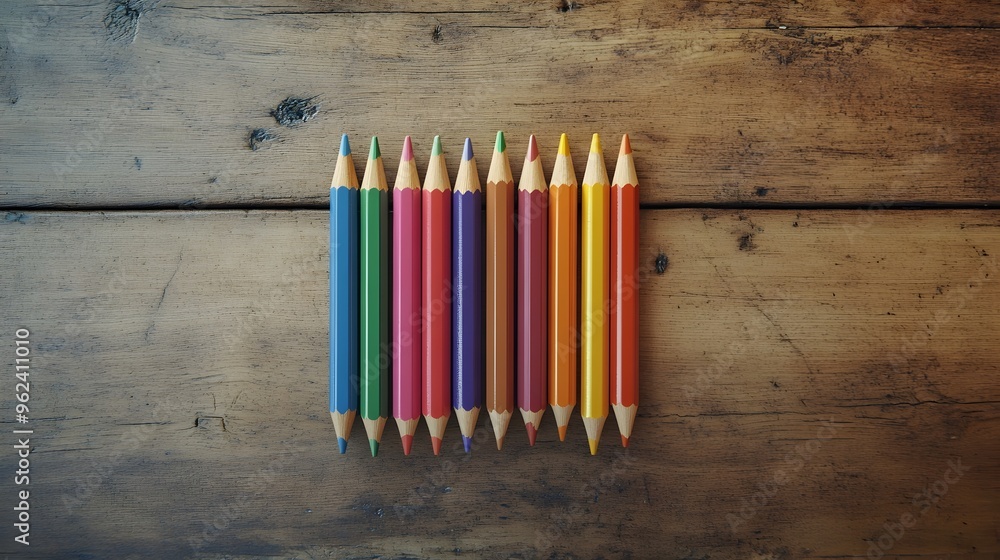 Poster conceptual image of a set of colorful pencils neatly arranged on a wooden desk surface creating a mi