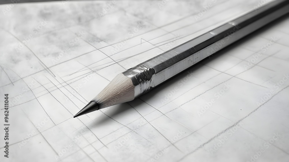 Poster conceptual image of a sharp pointed pencil laying on a blank sheet of sketch paper in a minimalist g