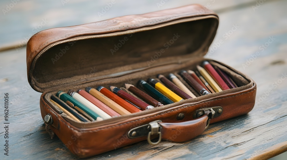 Poster a conceptual open pencil case displaying various pencils colored pencils and a pencil sharpener arra