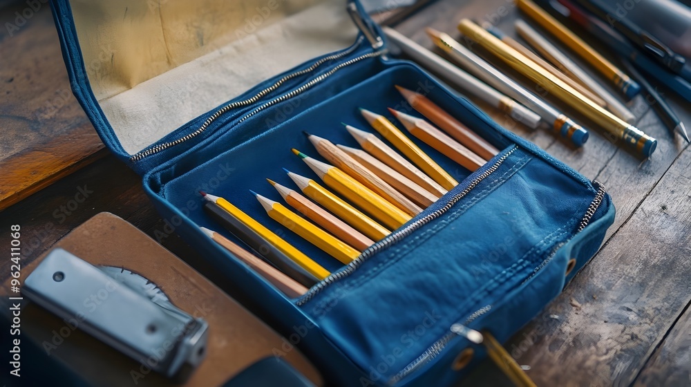 Aufkleber an open pencil case with an assortment of colored pencils and a pencil sharpener visible neatly arra