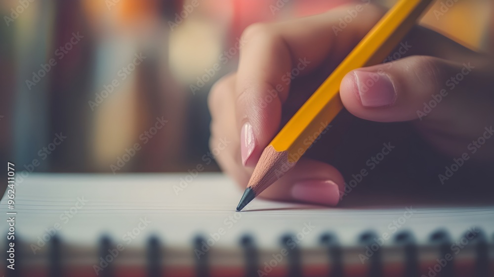 Poster Conceptual image of a single pencil being held by a hand poised over a blank notebook symbolizing the start of a new idea or project
