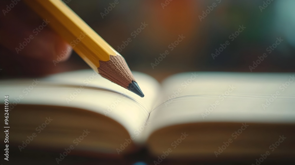Poster conceptual image of a single pencil being held by a hand poised over a blank notebook suggesting the