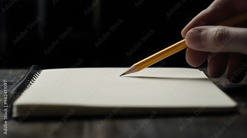 Poster conceptual image of a single pencil being held by a hand poised over a blank notebook this symbolize