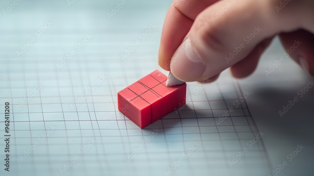 Poster a conceptual image of a hand using an eraser to correct a mistake on a piece of graph paper symboliz
