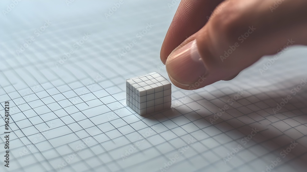 Poster conceptual image of a hand using an eraser to correct or fix a mistake on a graph paper sheet repres