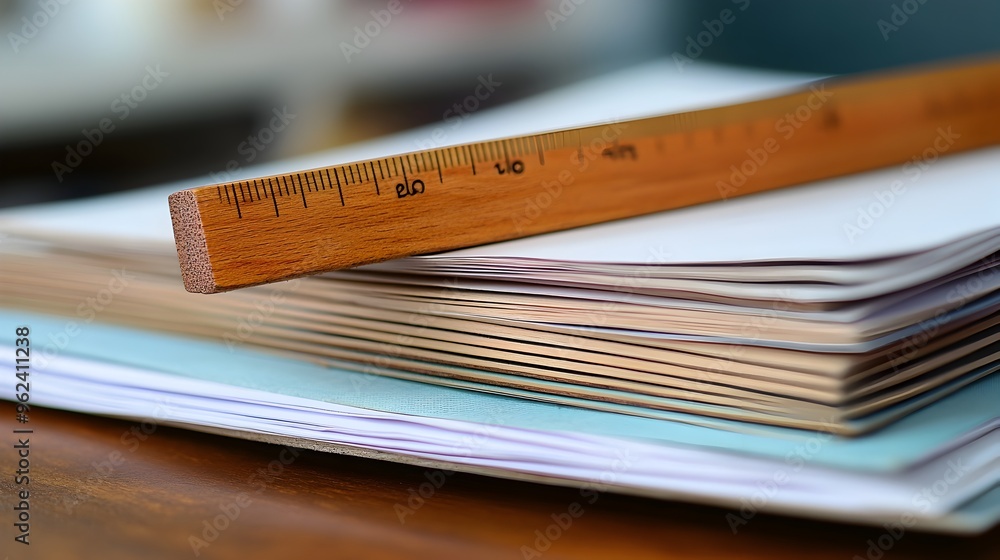 Poster a conceptual image depicting a wooden ruler resting on a stack of textbooks and papers symbolizing t