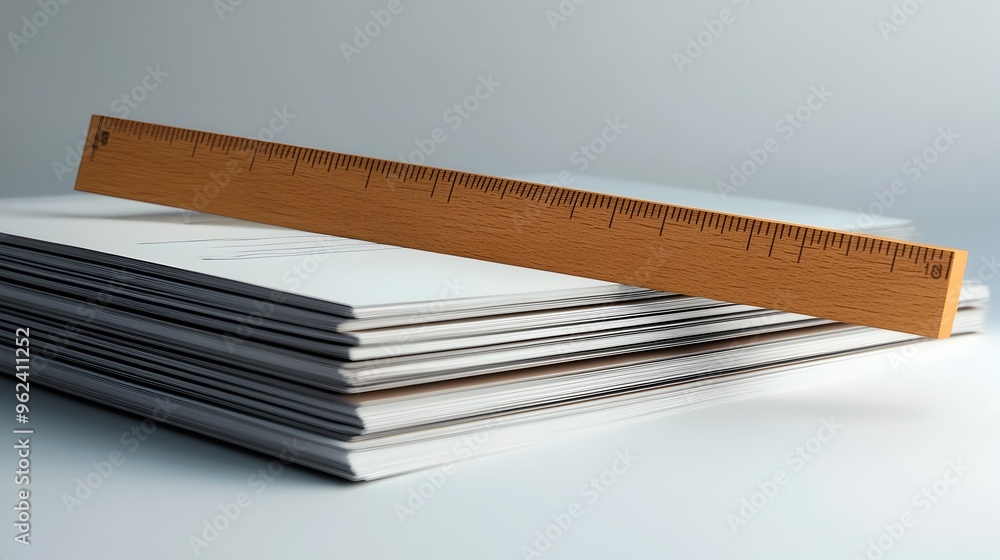 Poster conceptual photography featuring a wooden ruler resting on a stack of textbooks and papers represent