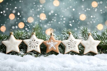 Christmas star-shaped cookies with snowflake designs resting on snow-covered pine branches.