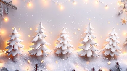 Fototapeta premium Snow-covered Christmas trees with glowing lights, set against a soft snowy landscape with gentle snowfall.