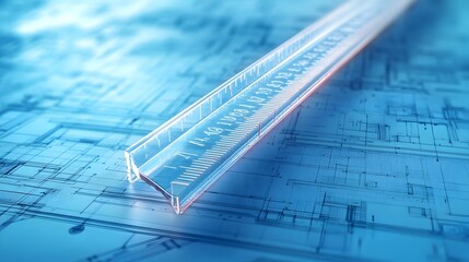 A conceptual image of a transparent ruler placed on top of a blueprint with measurement marks and grid lines clearly visible representing the design engineering and architectural planning process