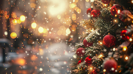 Close-up of red Christmas ornaments hanging on a snow-covered tree with warm bokeh lights in the background.