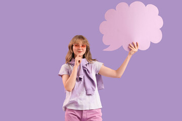 Thoughtful young woman with blank speech cloud on purple background