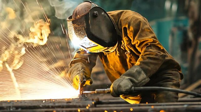 welder is welding metal , industry them bokeh and sparkle background