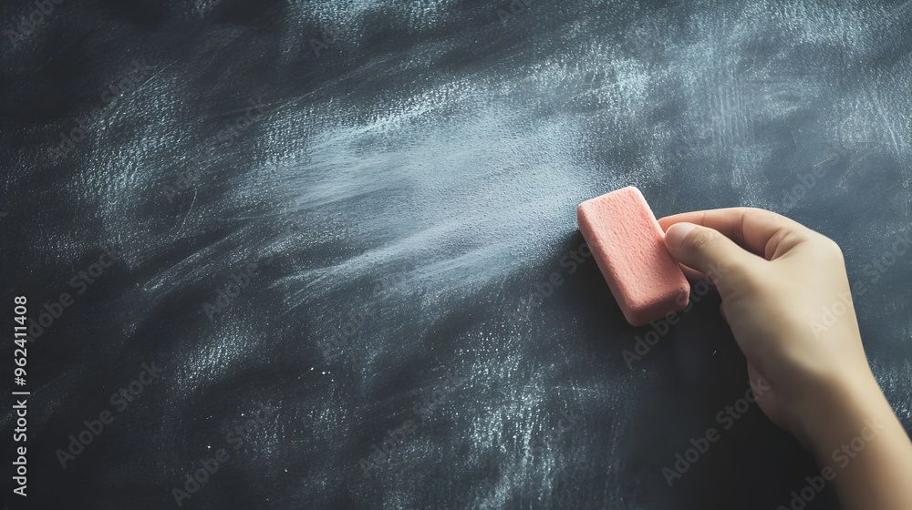 Poster Conceptual of a chalkboard being cleaned with an eraser leaving a faint trace of chalk dust behind  The minimal monochrome design represents the idea of clearing information starting fresh
