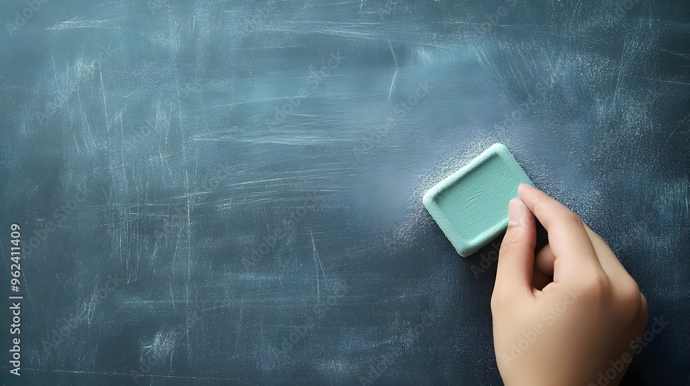Poster a conceptual image depicting the process of cleaning a chalkboard with an eraser leaving behind a fa