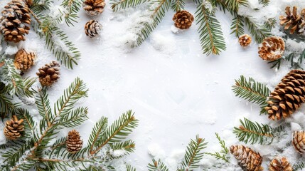 Snow-dusted pinecones and evergreen branches arranged on a white background, creating a fresh and natural winter holiday scene.