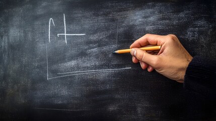 Conceptual image of a chalkboard with a teacher s hand writing a lesson on the board using a piece of chalk  The scene represents the concept of education learning