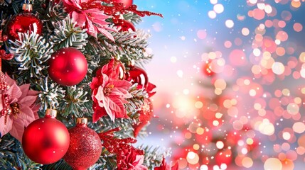 Christmas tree decorated with red ornaments, poinsettias, and frosted branches, with a colorful bokeh background of festive lights.