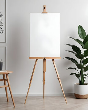 Mockup plantilla lienzo en blanco sobre un caballete tr&iacute;pode de madera junto a una maceta con una planta 