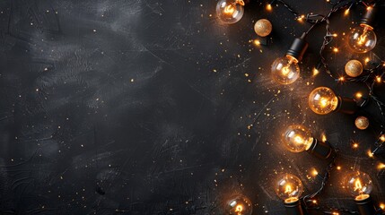 Golden lights and ornaments arranged in a festive border on a dark background, creating a cozy holiday atmosphere.