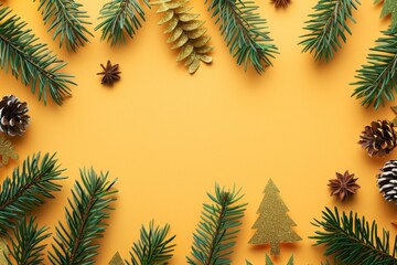 Golden Christmas decorations and pine branches arranged on a bright yellow background, creating a modern and vibrant holiday scene.