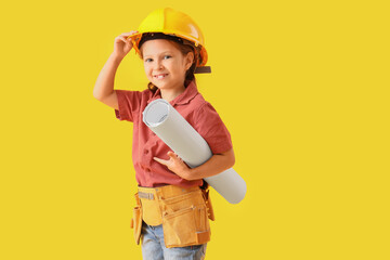 Cute little architect with blueprint on yellow background