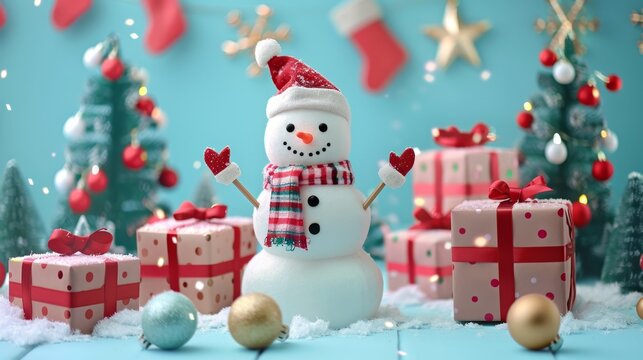 Adorable snowman with a red scarf and hat, surrounded by wrapped gifts and Christmas trees on a snowy backdrop.