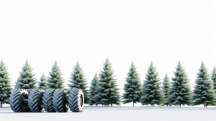 Obraz premium A winter scene of a pine forest with a neat row of large tractor tires stacked in the snow. The tires contrast sharply against the white snow, creating an intriguing juxtaposition of nature and