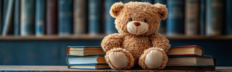 Obraz premium Soft Teddy Bear on Colorful Children's Books for Cozy Reading Time
