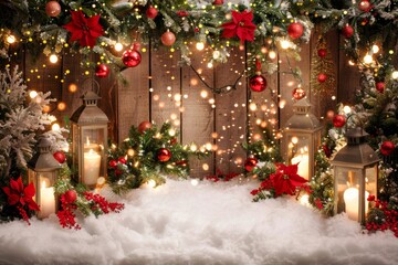 Festive Christmas display with candles, poinsettias, and holiday lights amidst snow-covered decorations and pine branches.