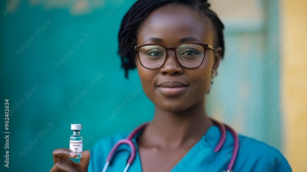 Poster photograph of an african nurse or healthcare professional holding a vial of monkeypox vaccine with c