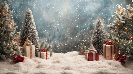 Snow-covered Christmas tree decorated with red and gold ornaments, with red and gold wrapped gifts, glowing lights, and snowfall, creating a magical winter holiday scene.
