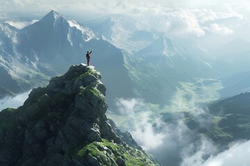 A lone figure stands atop a rocky mountain peak, overlooking a vast and misty valley. The sun shines brightly on the scene, casting long shadows across the landscape.