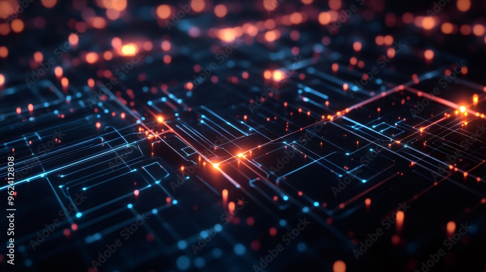 Aufkleber abstract digital network background with glowing lines and dots in blue and orange colors.