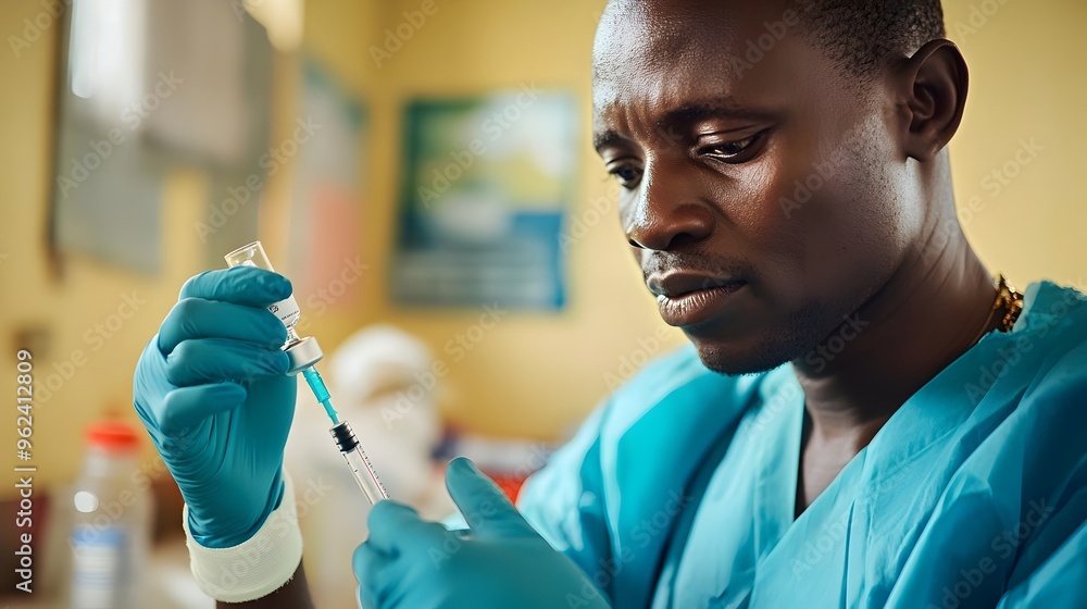 Aufkleber a photograph of an african healthcare worker in a medical uniform preparing a monkeypox vaccine in a