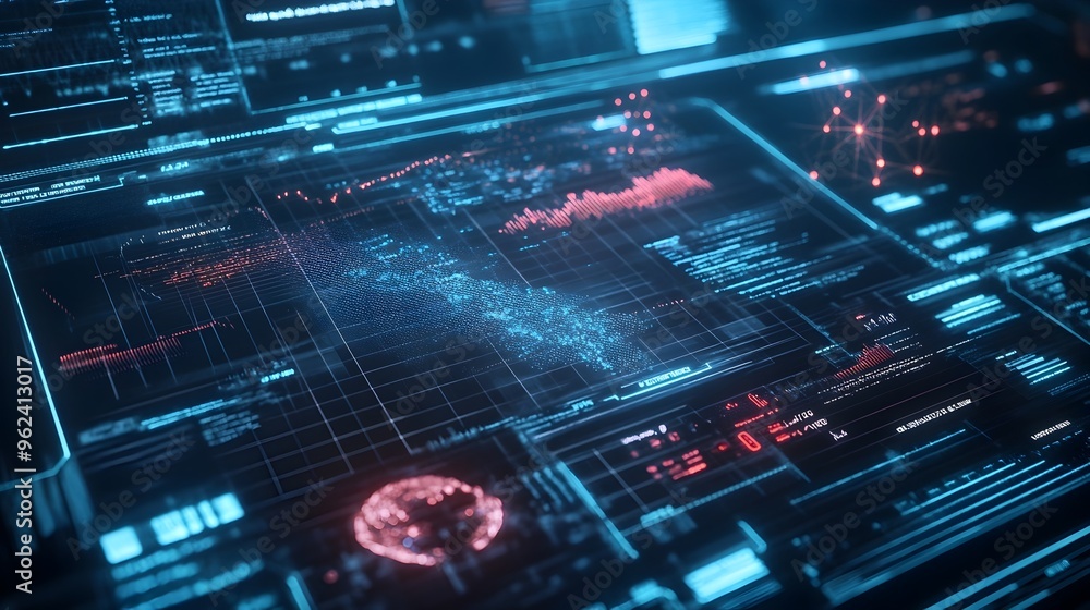 Poster a futuristic holographic interface showcasing data and information about the symptoms and spread of 